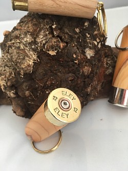 Spent shotgun cartridge made into a key ring using Yew wood